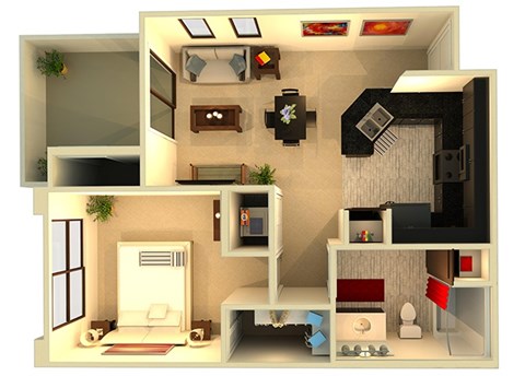 Floor plan for 1 bed, 1 bath, 674 sqft